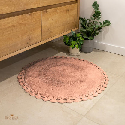 BIEN BEAU Unique Round Boho Bath Mat with Crochet Contour - 100% Cotton Boho Bathroom Rugs -Reversible - Decorative Non-Slip Bohemian Rug for Bath and Bedroom - Cute Decor - Blush Pink 30"