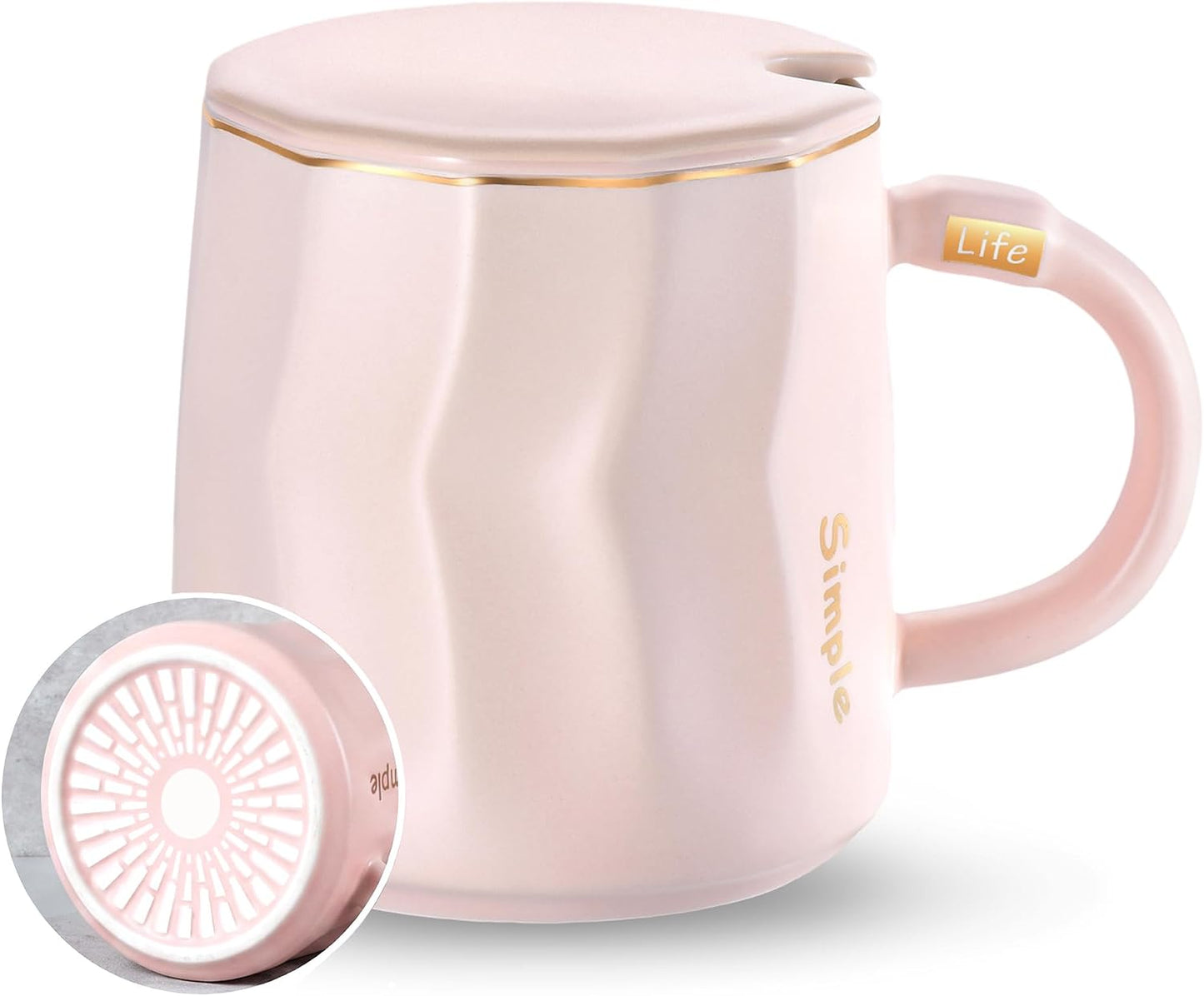 Flat Bottom Coffee Mug for Mug Warmer – 13.5 oz Ceramic Cup with Lid & Gold Trim, Tea Mug for Office Desk, Heater Compatible Gift for Women – Matte Pink