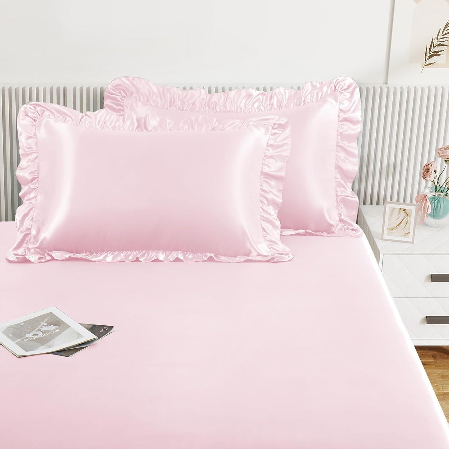 Homiest 2-Pieces Ruffle Pillow Case & Satin Fitted Sheet Set, Blush Pink Twin Satin Sheets with Ruffled Pillow Shams, 15 Inch Deep Pocket, Cute & Coquette Silk-Like Bed Set for Decorating Bedroom