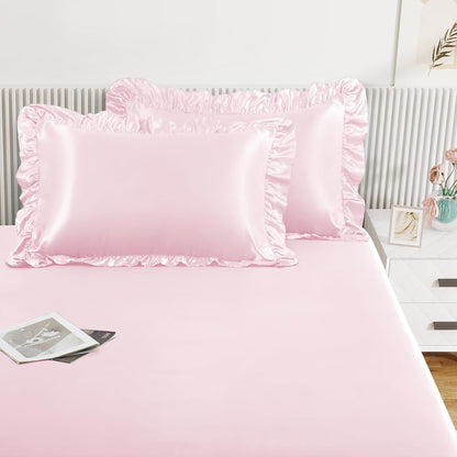 Homiest 2-Pieces Ruffle Pillow Case & Satin Fitted Sheet Set, Blush Pink Twin Satin Sheets with Ruffled Pillow Shams, 15 Inch Deep Pocket, Cute & Coquette Silk-Like Bed Set for Decorating Bedroom