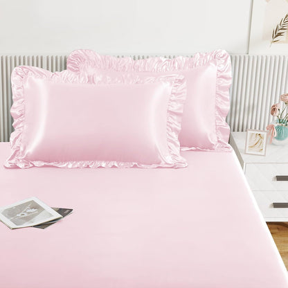 Homiest 3-Pieces Ruffle Pillow Case & Satin Fitted Sheet Set, Blush Pink Full Satin Sheets with 2 Ruffled Pillow Shams, 15 Inch Deep Pocket, Cute & Coquette Silk-Like Bed Set for Decorating Bedroom