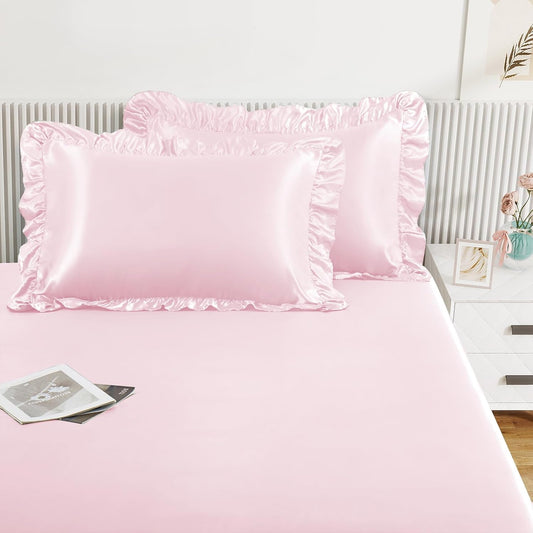 Homiest 3-Pieces Ruffle Pillow Case & Satin Fitted Sheet Set, Blush Pink Full Satin Sheets with 2 Ruffled Pillow Shams, 15 Inch Deep Pocket, Cute & Coquette Silk-Like Bed Set for Decorating Bedroom