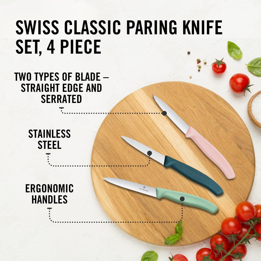 Victorinox Swiss Classic, Paring Knife Set, 4-piece, Sharp Blade, Straight and Serrated Edge, Swiss Made, Pink, Blue, Grey. Light Mint