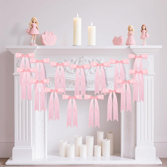 Pink Bow Garland for Party Decorations - 6.6ft x 2 Pre-Strung Hanging Banners for Coquette Birthday, Bridal Shower, Wedding, Engagement, Bachelorette, Women Girl Baby Shower Supplies