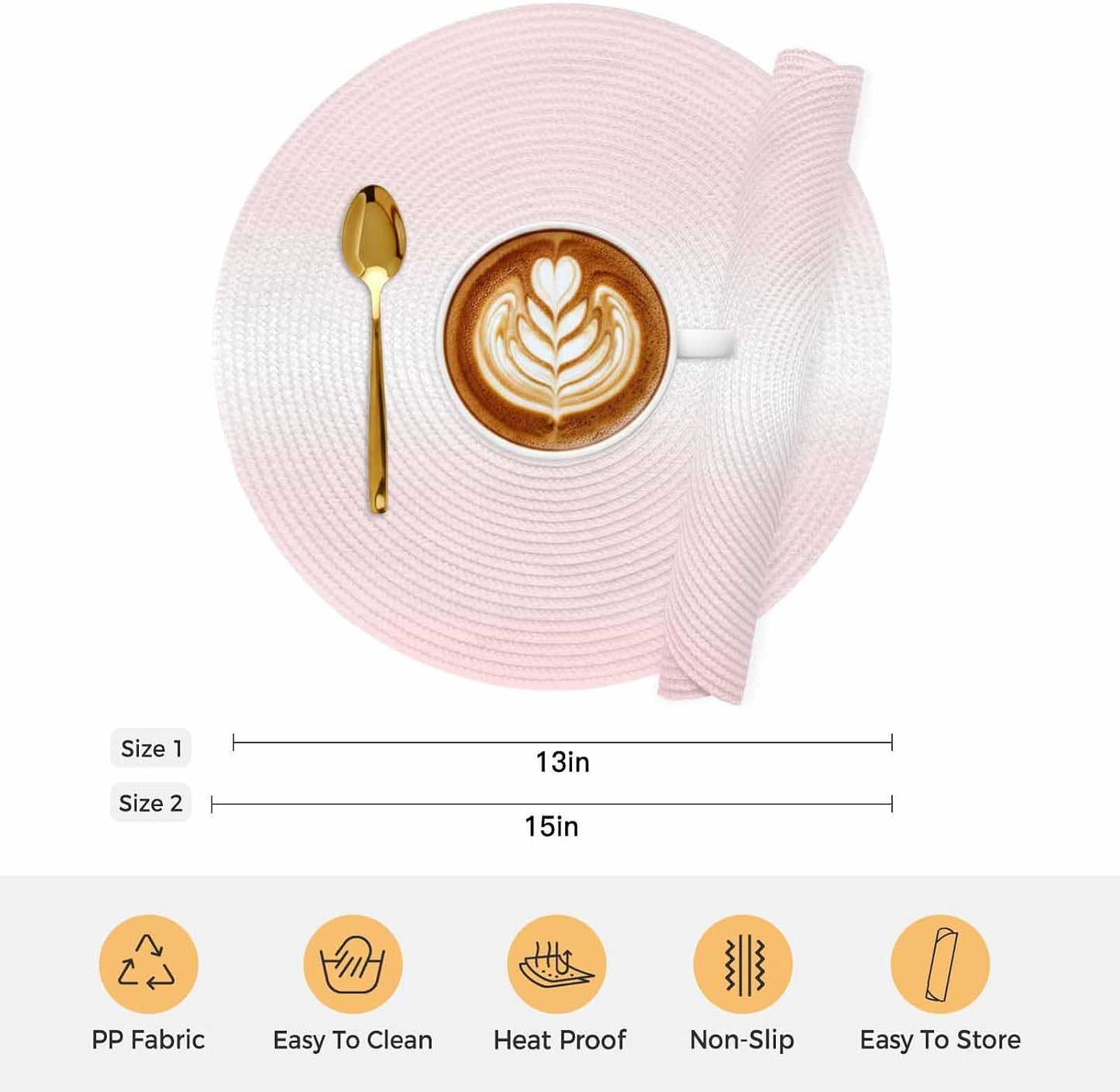 Round 13'' Placemats Set of 6, Pink Ombre HeatResistant Polypropylene Placemats, Aesthetic Art Farmhouse Gradient Pink Washable Woven Braided Place Mats for Dining Table, Non Slip Kitchen Table Decor