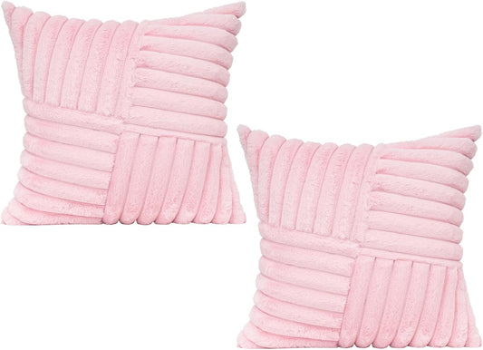 All Smiles Valentine's Day Couch Decorative Throw Pillow Covers 18x18 Set of 2 Faux Fur Plush Soft Fluffy Velvet Cushion Case Cozy Fuzzy Striped Pillowcase Home Decor for Bed Sofa Living Room,Pink