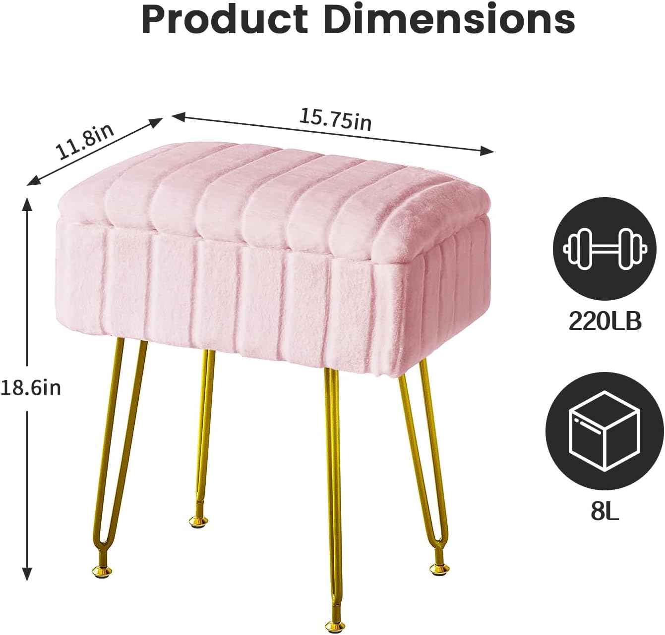 FUXA Vanity Stool with Storage, Pink Vanity Chair 4 Metal Legs with Anti-Slip Feet, Faux Fur Soft Padded Seat, Cute Small Footstool Ottoman, Modern Multifunctional Chairs for Makeup Bedroom