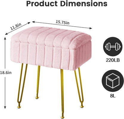 FUXA Vanity Stool with Storage, Pink Vanity Chair 4 Metal Legs with Anti-Slip Feet, Faux Fur Soft Padded Seat, Cute Small Footstool Ottoman, Modern Multifunctional Chairs for Makeup Bedroom