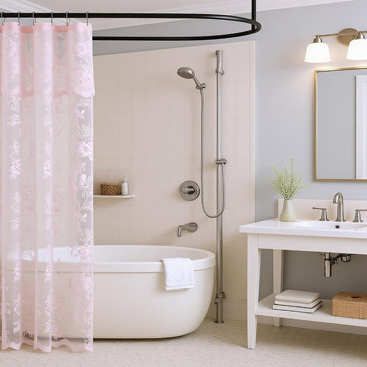 FINECITY Pink Lace Shower Curtain for Small Stall, 1 Panel, W36 x L72 Inch, Cottagecore Rustic Leaf Floral Patterned Vintage Sheer Curtain with Attached Valance for Farmhouse Bathroom Decor