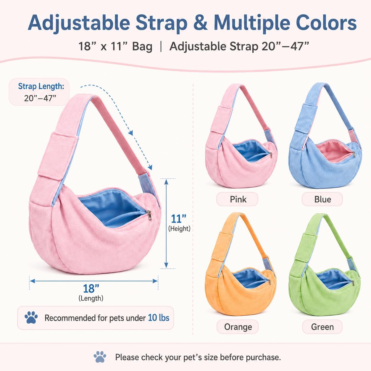 Cat Sling Carrier for Cats and Kittens, Soft Fleece Pet Sling Carrier Bag with Adjustable Shoulder Strap, Hands-Free Puppy and Small Dog Carrier Sling Travel Pouch for Small Pets Under 10 lbs, Pink