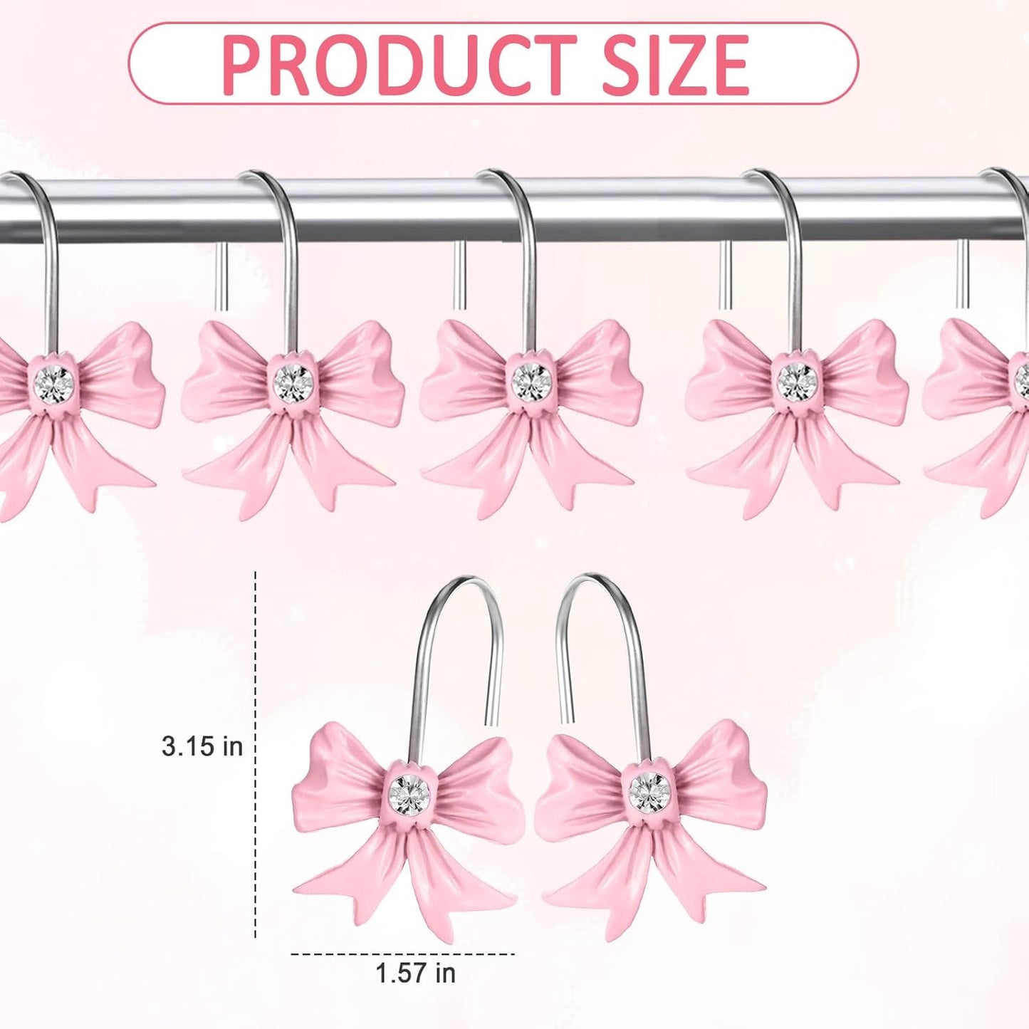 12pcs Pink Bow Shower Curtain Hooks Set, Bow Hooks Bathroom Rings Rust-Proof Resin Bow Pink Bathroom Accessories Hook, Shower Curtain Rings Shower Hooks for Straight Bent Rods Girls Bathroom Decor