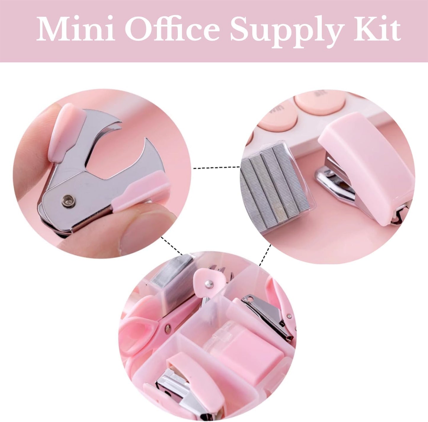 Mini Office Supply Kits Mini School Supplies – Includes Mini Stapler,Scissors, Staple Remover, Staples, Tape Dispenser (Pink)