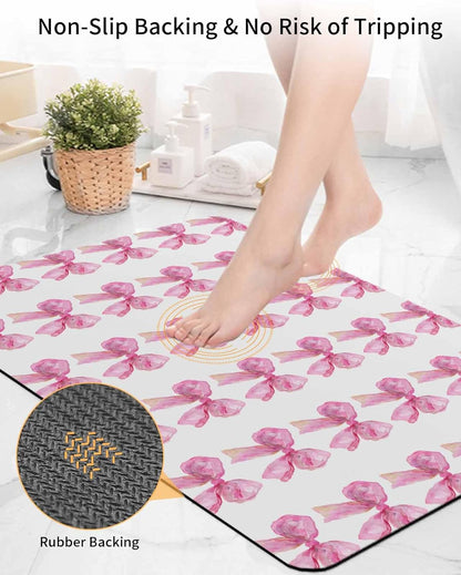 Bath Rugs,Spring Idyllic Pink Bow on White Absorbent Diatomaceous Earth Bath Mat Quick Drying Non Slip Washable Shower Mat 18x30IN,Watercolor Ribbon Doormat for Bathtub Kitchen Living Room