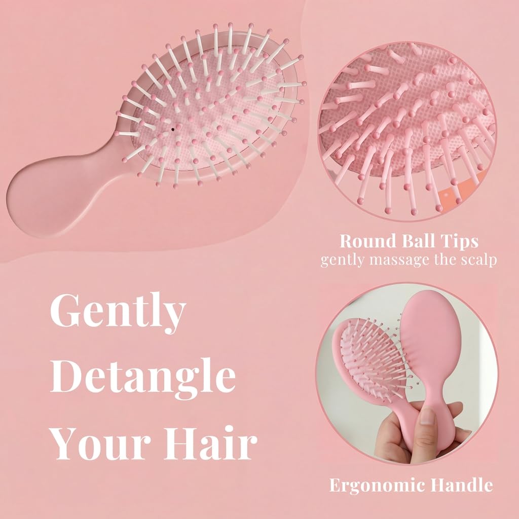 6 Pack Mini Hair Brush Bulk, Wet Hair Brush for Travel, Mini Brush for Most Hair Types, Travel Brushes, Bridesmaid Gifts, Pink