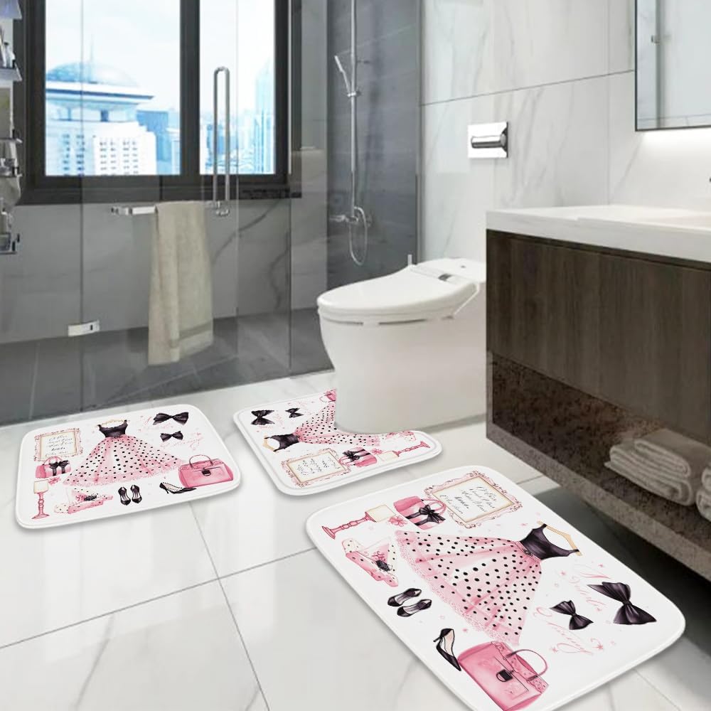 TheBlackSpot Bathroom Rugs Sets 3 Piece Pink Cute Bow Bathroom Mat Set Girly Girls Aesthetic Pretty Women Funky, Memory Foam Bathroom Rugs, U-Shaped Toilet Rug Non Slip Absorbent Pink