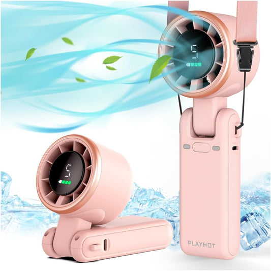 PlayHot Portable Handheld Turbo Fan, 5-Speed Personal Fan, USB-C Rechargeable Fan Up to 12 Hours, 3 IN 1 Hand Fan with Air Turbo Tech Cooling, Travel Fan for Cruise, Beach, Gifts for Women (Pink)