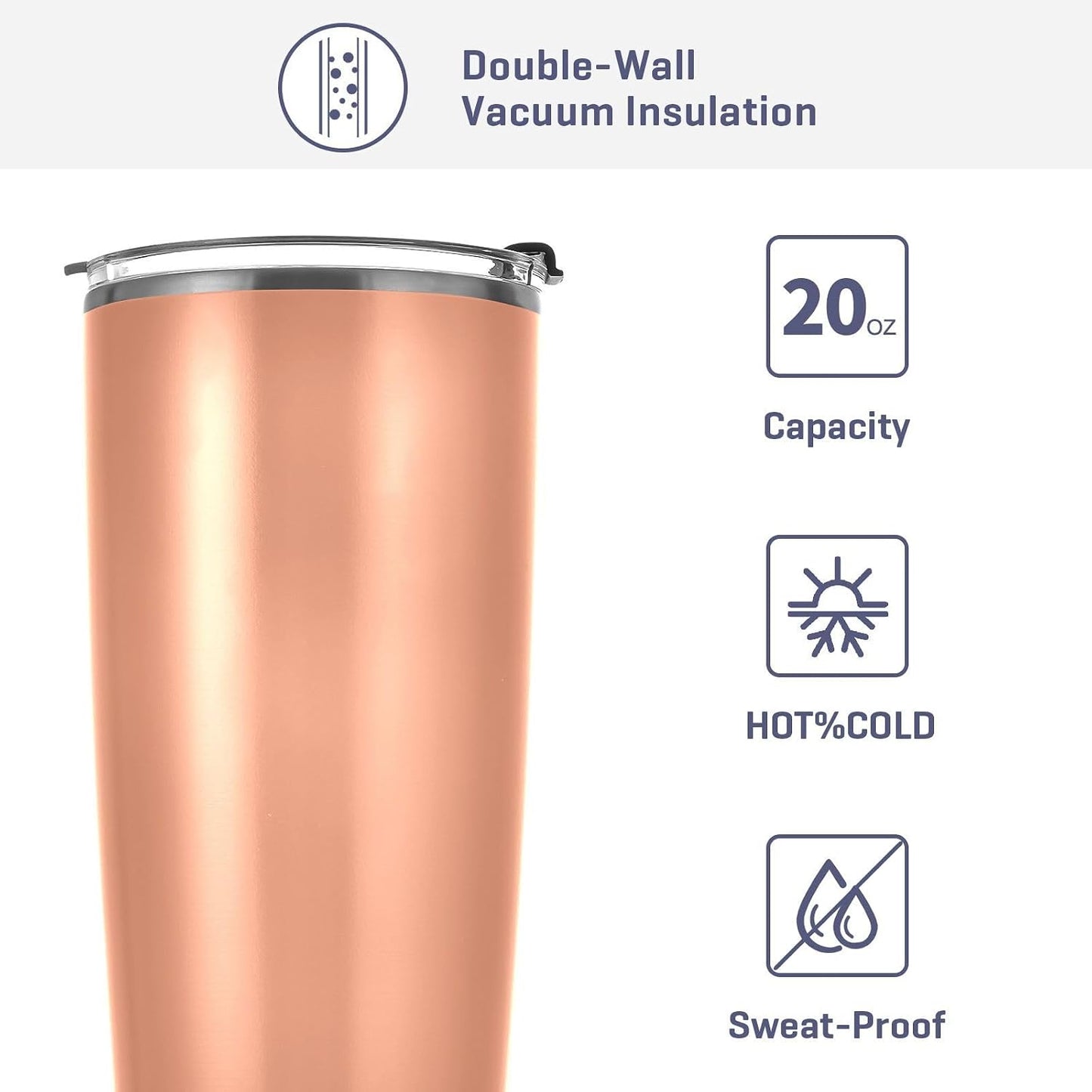 Qilmy Peach Color Tumbler with Lid and Straw, 20 oz Double Walled Insulated Stainless Steel Tumbler Travel Coffee Cup for Hot & Cold Drinks
