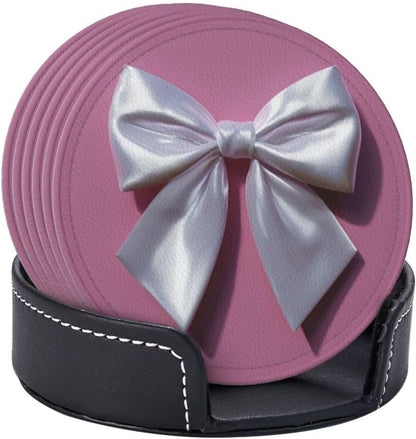 White Satin Bow On Light Pink Premium Leather Coasters, Set of 6 with Holder, Stylish Beverage Coasters for Kitchen Coffee Bar