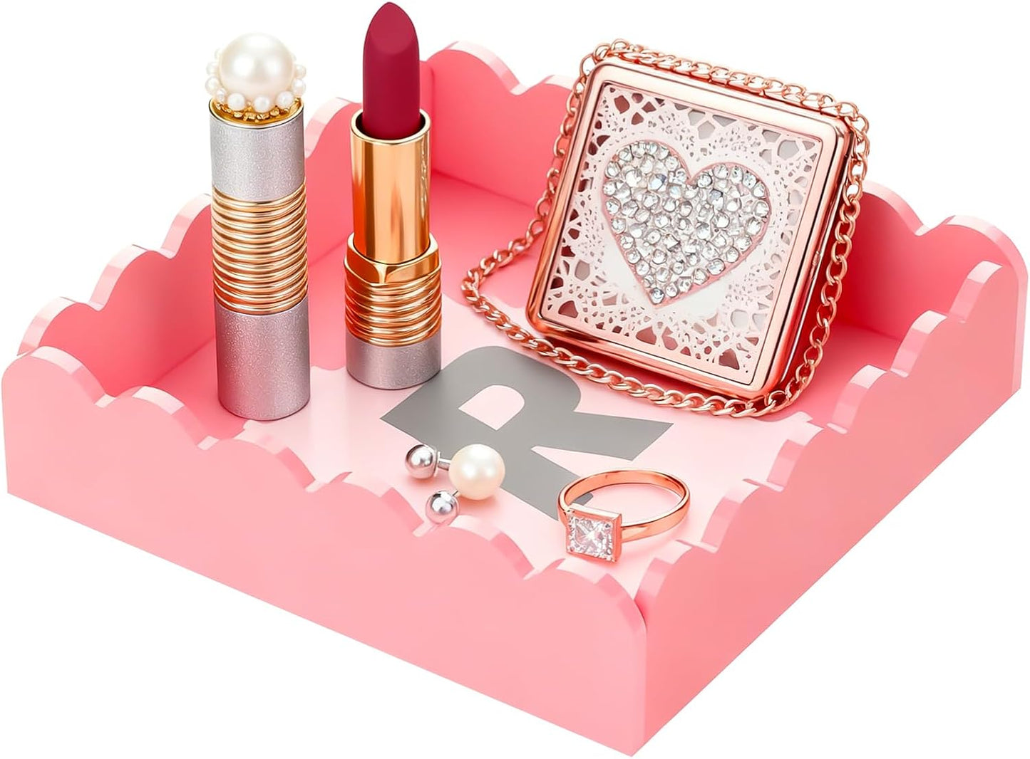 Acrylic Tray, Scalloped Glossy Pink Acrylic Decorative Tray for Home Decor, 8x8 Inch Acrylic Organizer Tray for Vanity Countertop Makeup Skincare Square Acrylic Storage Tray (Square Pink)