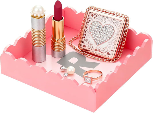 Acrylic Tray, Scalloped Glossy Pink Acrylic Decorative Tray for Home Decor, 8x8 Inch Acrylic Organizer Tray for Vanity Countertop Makeup Skincare Square Acrylic Storage Tray (Square Pink)