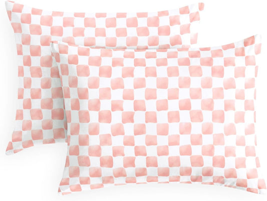 Wake In Cloud - Gingham Pillow Cases, Checkered Grid Plaid Geometric Preppy Pattern Printed, Set of 2 Soft Pillowcases Pillow Shams Covers, Pink White, Standard Size 20x26 Inches