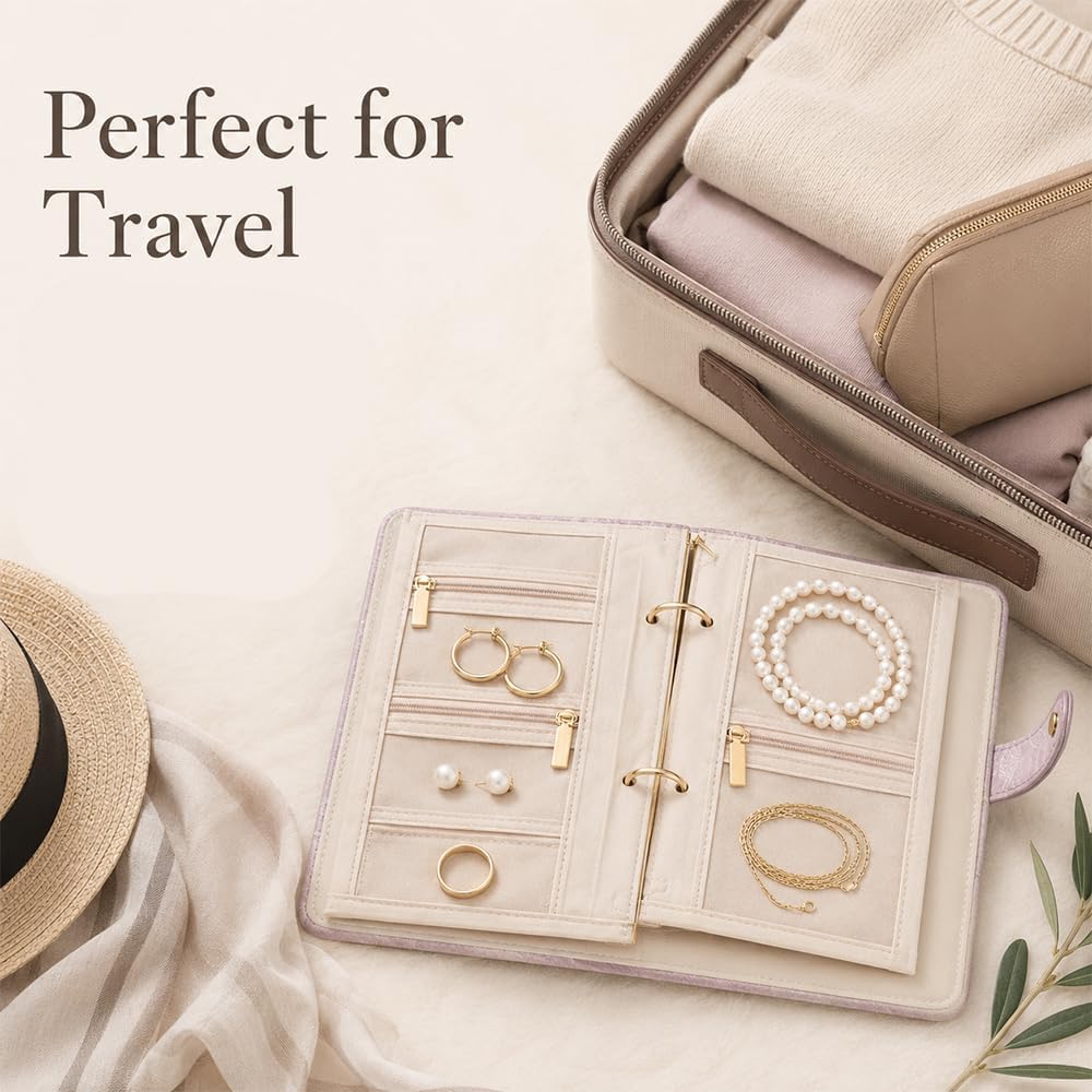Travel Jewelry Notebook, Portable Jewelry Travel Case with 5 Detachable Velvet Zipper Pouches, Faux Leather Binder for Rings, Earrings, Necklaces (Light pink,2PCS)