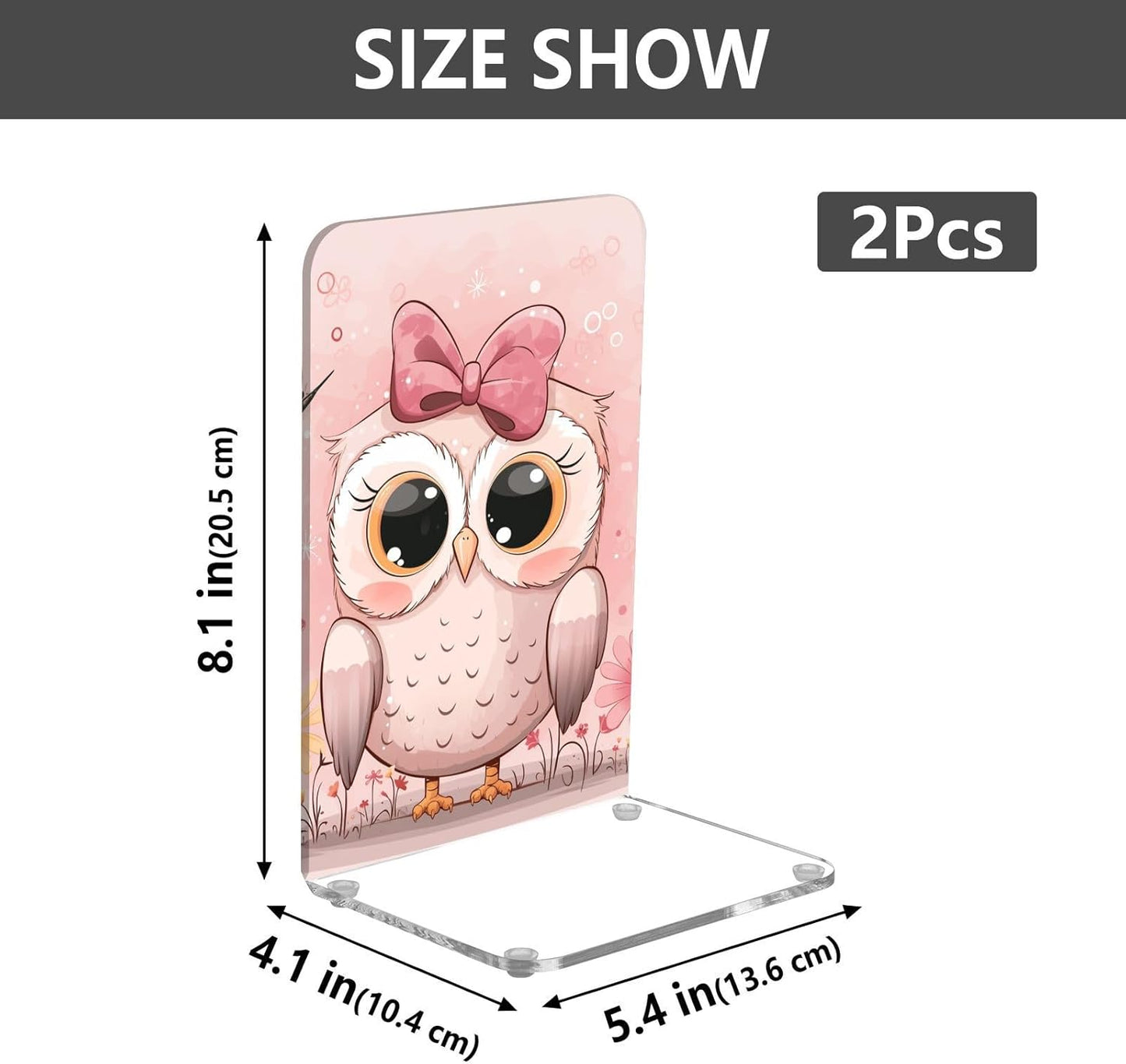 Acrylic Bookends Cute Owls Light Pink Book Ends for Shelves 2 Pcs Decorative Book Stopper Non Skid