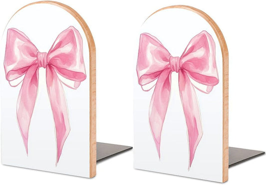 Pink Bow Wooden Bookends Shelves 2 PCS Simple Gouache Trendy Girl Sturdy Book Holders Desktop Organizer for Home Office Libraries