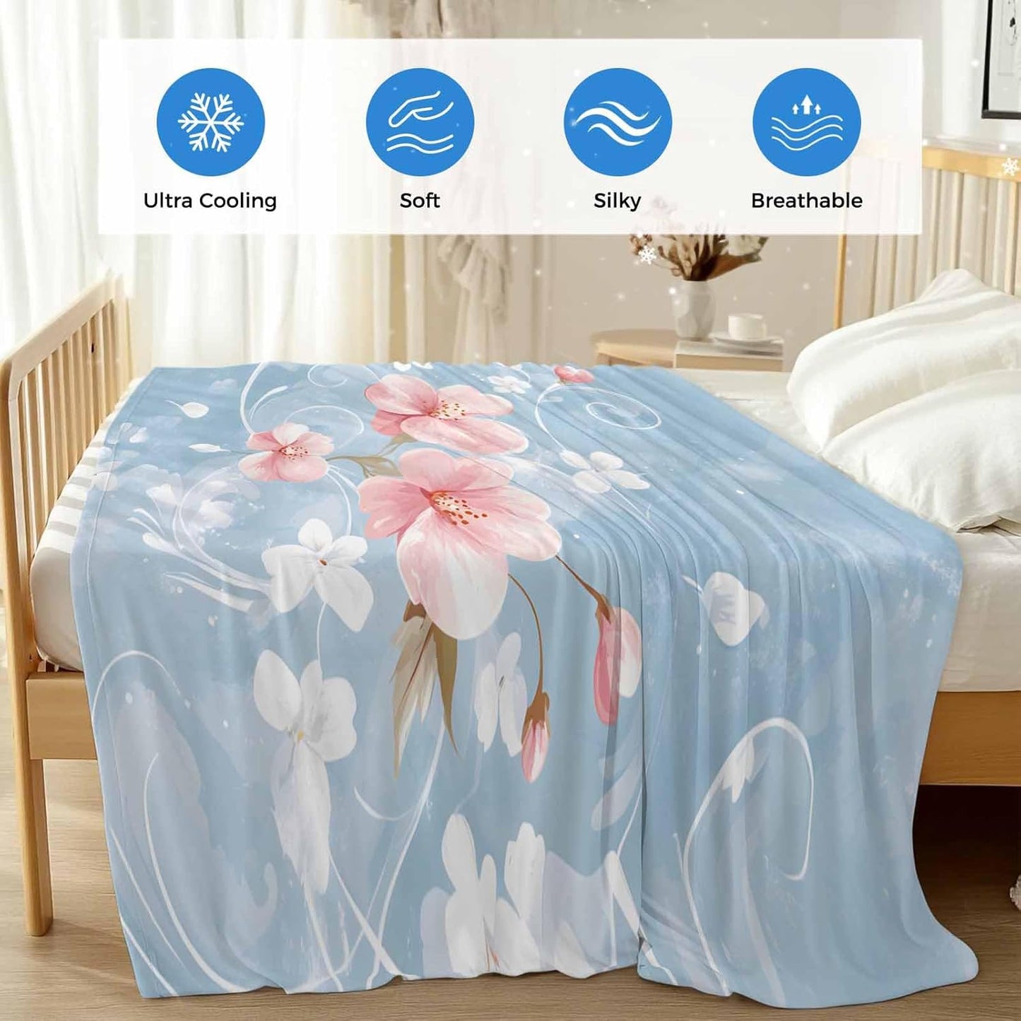 Pink Flowers Cooling Blanket, Lightweight Breathable Summer Throw Blanket with Double Sided Cold Effect,Farmhouse Watercolor Botanical Florals Picnic Beach Blankets Bed Sheet for Hot Sleepers 30"x40"