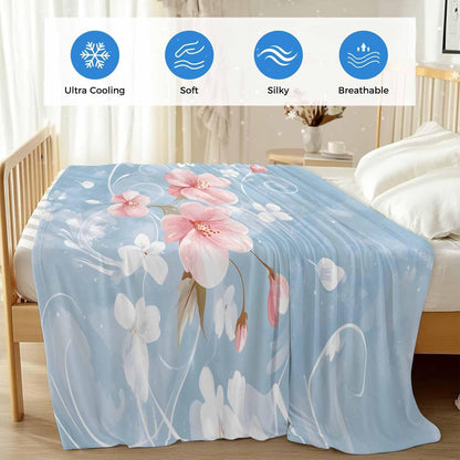 Pink Flowers Cooling Blanket, Lightweight Breathable Summer Throw Blanket with Double Sided Cold Effect,Farmhouse Watercolor Botanical Florals Picnic Beach Blankets Bed Sheet for Hot Sleepers 30"x40"