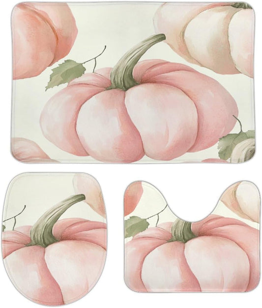 Light Pink Pumpkins Bathroom Rugs Bath Mats Set 3 Piece 20"x32" Seasonal Autumn Leaves Thanksgiving Harvest with U-Shaped Contour Rug Toilet Lid Cover Coral Velvet Soft Bathroom Absorbent Rug Set