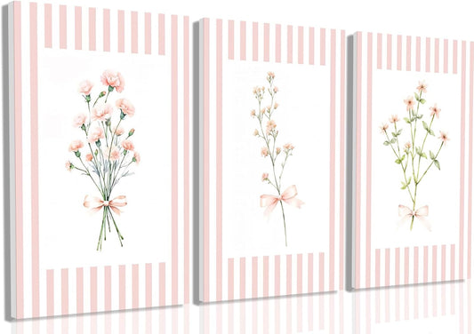 Trendy Pink Floral Wall Art Set of 3, Preppy Canvas Prints with Bow and Stripe Border Cute Aesthetic Botanical Wall Decor Artwork for Bedroom Bathroom Home Decor Girl Dorm Room,24x16 in Framed