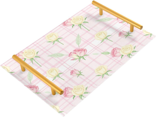 Vintage Rose Pink Plaid Decorative Decorative Tray with Handles Trays for Coffee Table for Jewelry Perfume for Square Serving bandejas para desayunos sorpresa
