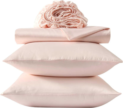 Laura Ashley - Queen Sheet Set, 100% Soft & Silky Smooth Satin Bed Sheets, Deep Pockets, Bedding with Matching Fitted Sheet & Pillowcases (Bliss Pink)