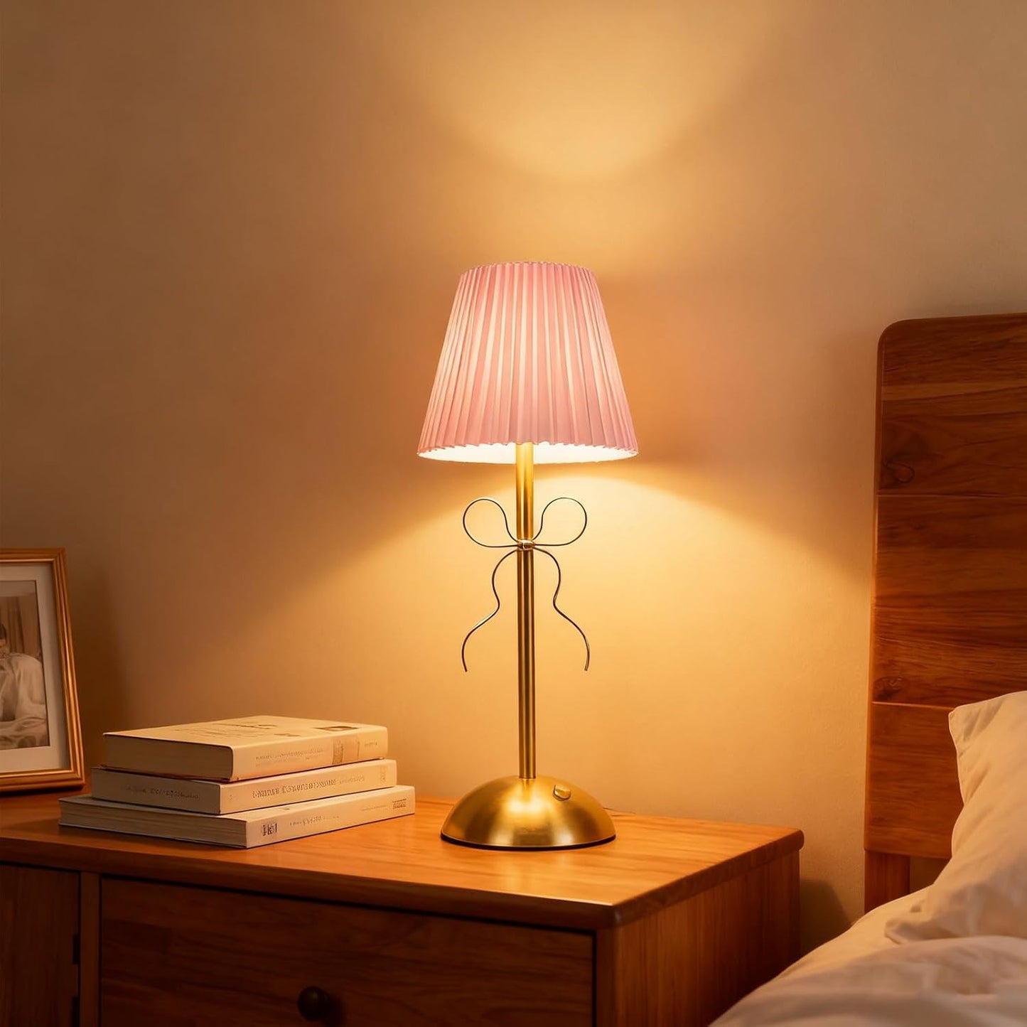 Cordless Table Lamp, 13 Inch Bow Table Lamp, Small Desk Lamp with Fabric Shade, Modern Decorative Bedside Light Small Princess Desk Lighting for Girls Room Princess Room Bedrooms (Pink)