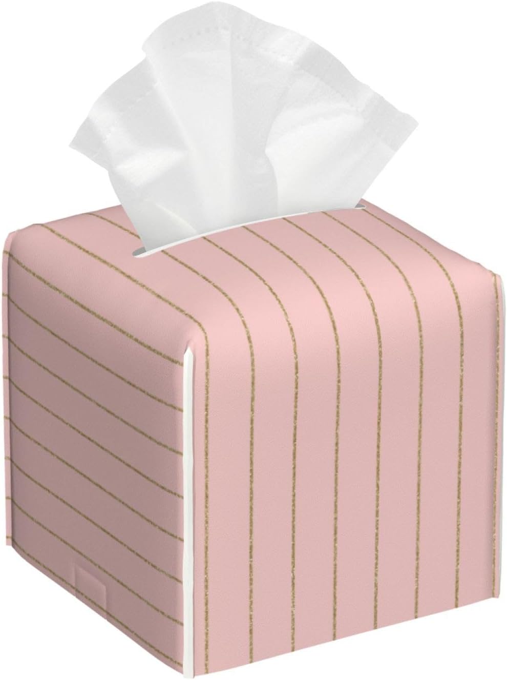 Decorative Tissue Box Cover Square - Retro Gold Pink Pinstripe Print A Leather Cube Tissue Box Holder Paper Case, Organizer Dispenser for Modern Home & Room/Office/Bathroom Decor Aesthetic