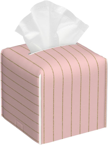 Decorative Tissue Box Cover Square - Retro Gold Pink Pinstripe Print A Leather Cube Tissue Box Holder Paper Case, Organizer Dispenser for Modern Home & Room/Office/Bathroom Decor Aesthetic