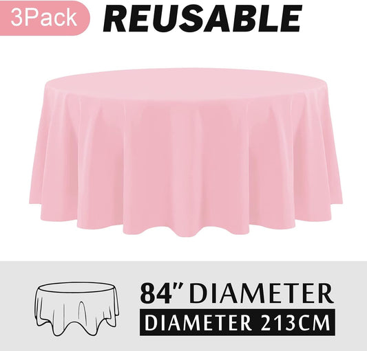 Childom Round Tablecloths,3 Pack 84 Inch Round Plastic Tablecloths Disposable Table Covers Pink Tablecloth for Indoor or Outdoor Parties Birthdays Weddings Holiday Dinner Anniversary Buffet Table