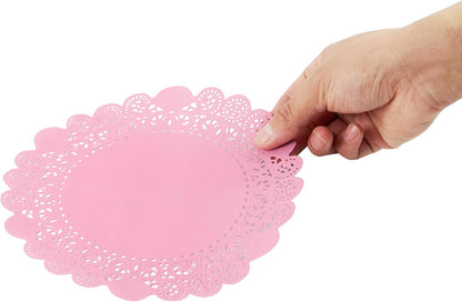 Pastry Tek 8 x 8 Inch Paper Lace Doilies, 100 Disposable Table Doilies - Elegant Lace Finish, Long Lasting, Pink Paper Doily, for Pastries, Cupcakes, Desserts - Restaurantware