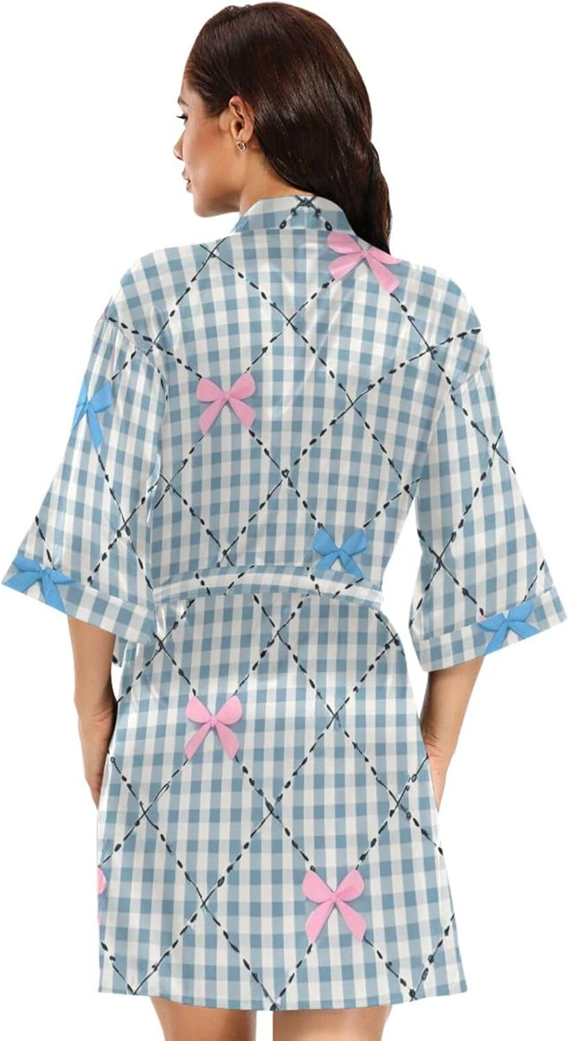 Pink Blue Bow Check Womans Bathrobes Classic Woman's Night Shirts for College Dorm