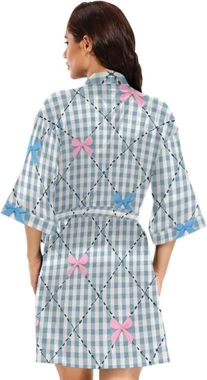 Pink Blue Bow Check Womans Bathrobes Classic Woman's Night Shirts for College Dorm