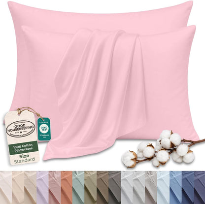 Royale Linens 100% Cotton Pillow Cases Standard Size Set of 2 - Percale Pillowcase - Pink Pillow Cases Super Soft Cooling & Breathable Hotel Cotton Pillowcases, Fits Standard Pillows (20"x26", Pink)