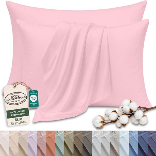 Royale Linens 100% Cotton Pillow Cases Standard Size Set of 2 - Percale Pillowcase - Pink Pillow Cases Super Soft Cooling & Breathable Hotel Cotton Pillowcases, Fits Standard Pillows (20"x26", Pink)