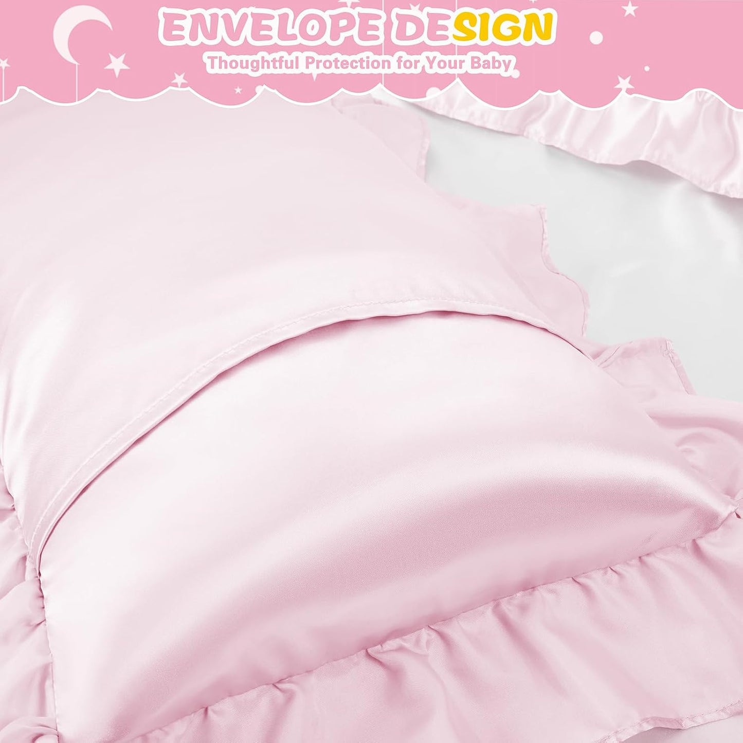 Entisn Ruffle Satin Toddler Pillowcase Set of 2, 13 x 18 Inch Toddler Silky Pillow Covers with Envelope Closure, Anti Wrinkle Soft Travel Pillow Case Nursery Pillow Sham for Girls, Boys (Baby Pink)