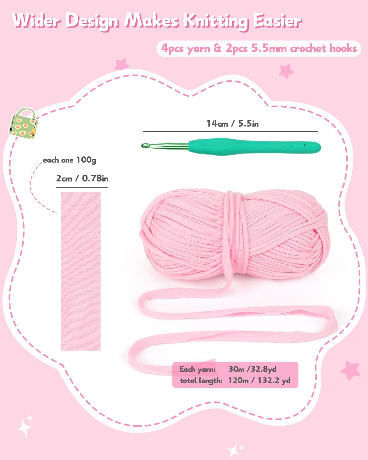 Katech T-Shirt Yarn in Pink for Crocheting, 4x100g/130yds Elastic Fabric Kit for Knitting & Hand DIY Projects, Home Decor