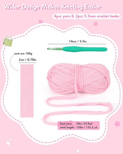 Katech T-Shirt Yarn in Pink for Crocheting, 4x100g/130yds Elastic Fabric Kit for Knitting & Hand DIY Projects, Home Decor