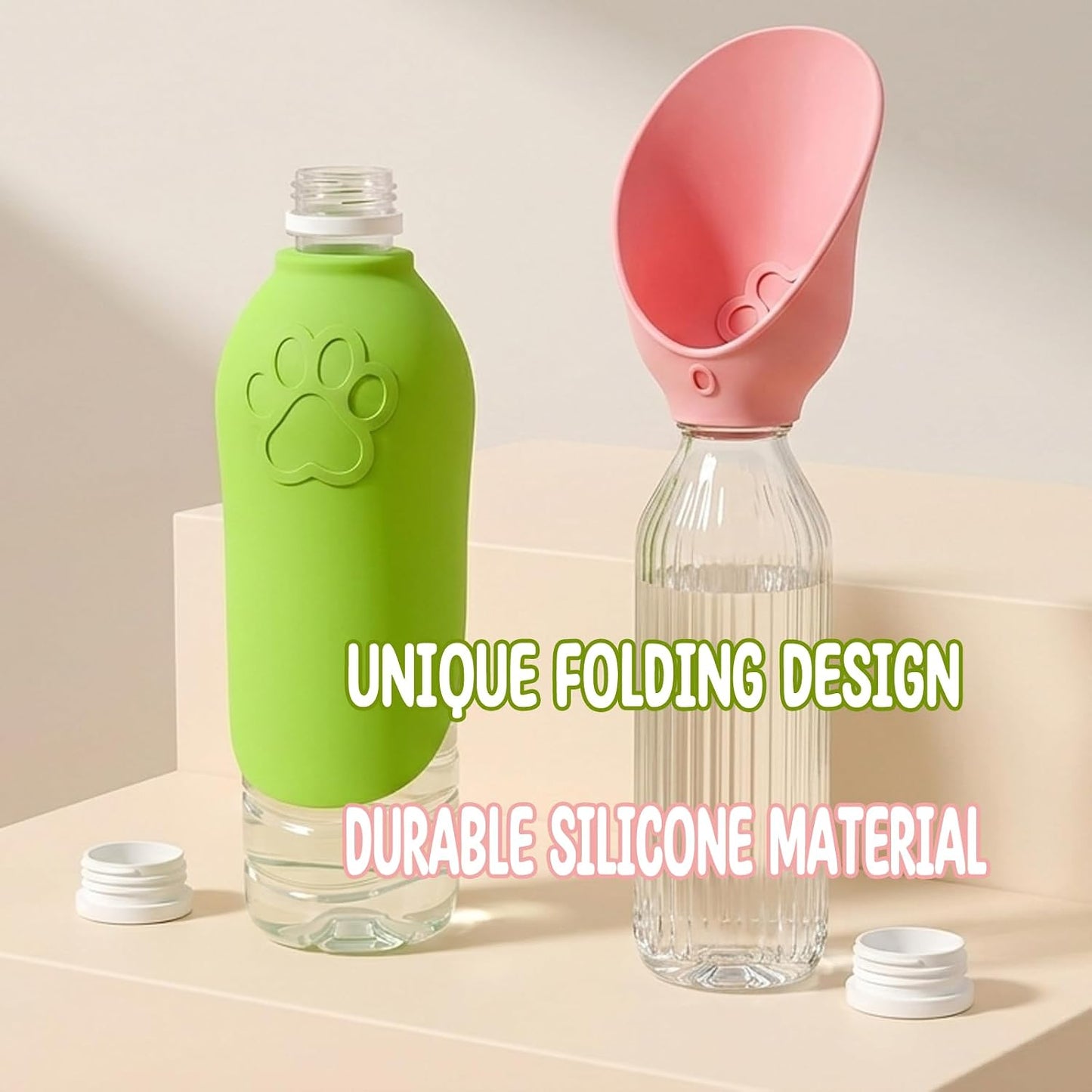 Dog Water Bottle Adapter Portable Silicone Dog Water Dispenser for Standard Water Bottles Leak Proof Outdoor Pet Water Feeder Bowl for Dog Cat Walking Hiking Travel Foldable Leaf Design (Pink)