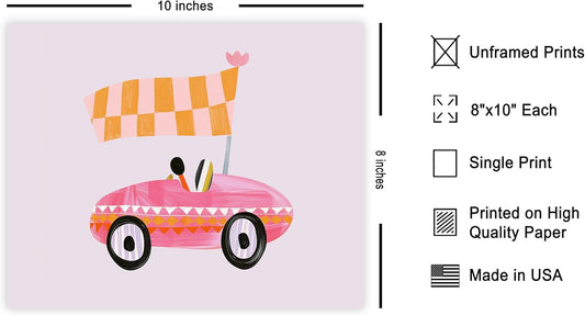 Poster Master Pink Race Car Print - Nursery Poster - Pastel Color Art - Toddler Playroom Wall Design - Minimal Car Art - Chic Boho Girl's Bedroom or Kid's Room Decor - 8x10 UNFRAMED Wall Art