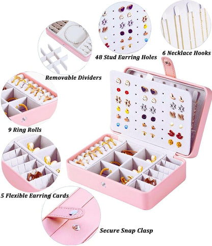 QBestry All-in-One Travel Jewelry Organizer for Women Pink | Small Jewelry Box with 68 Earring Holes | Compact Portable Jewelry Case for Earrings, Rings, Necklaces | Perfect Gifts for Mom Wife Girls