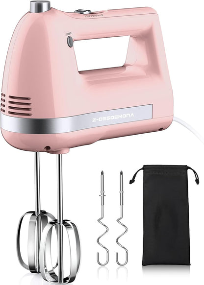 Electric Hand Mixer, Powerful 300W Hand Mixer Electric Handheld with 304 Beaters, Dough Hook,Hand Held Mixer with Turbo for Baking Cakes, Eggs, Cream Food(Pink)